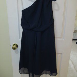 Grecian-style one-shoulder dress in dark blue